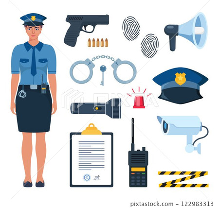 Police officer and Police professional equipment for pursue and capture a criminal. Police accessories, tools. Vector illustration. 122983313