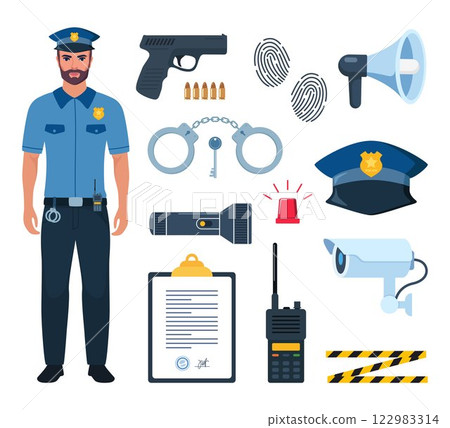 Police officer and Police professional equipment for pursue and capture a criminal. Police accessories, tools. Vector illustration. 122983314