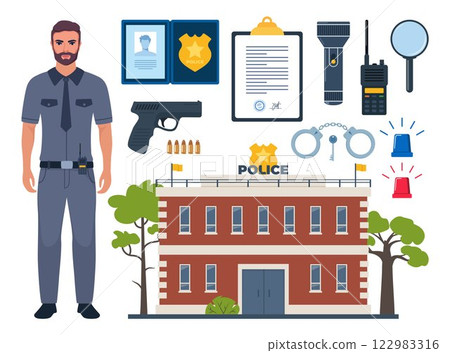 Police officer and Police professional equipment for pursue and capture a criminal. Police accessories, tools. Vector illustration. 122983316