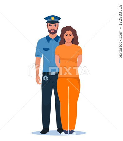 Policeman holding handcuffed criminal in orange prison uniform. Prisoner standing with police officer. Vector illustration. 122983318