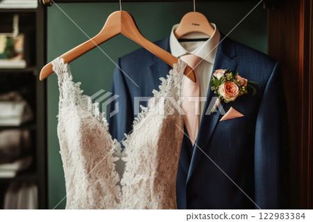 Wedding dress and groom suit with boutonniere on wooden hangers 122983384