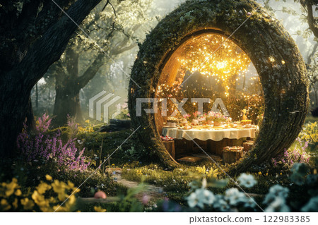 Magical Fairy Tale Forest with round hobbit-like home 122983385