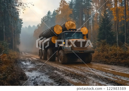 Logging Truck Driving Through Muddy Forest Road Logging Truck Driving Through Muddy Forest Road 122983389