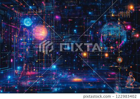 Background with futuristic digital network with glowing data nodes 122983402