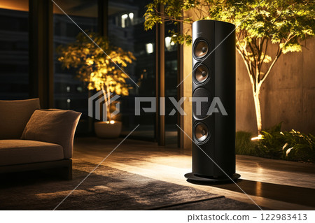 Modern home audio speaker in stylish living room Modern home audio speaker in stylish living room 122983413