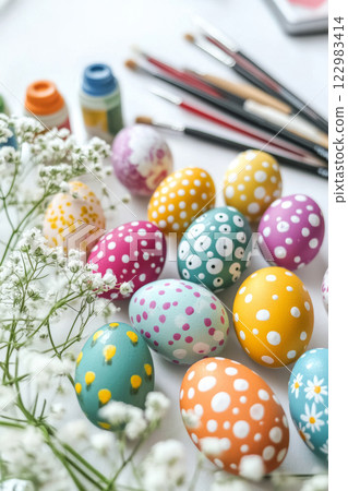 Painting colorful easter eggs with paintbrushes and flowers Painting colorful easter eggs with paintbrushes and flowers 122983414