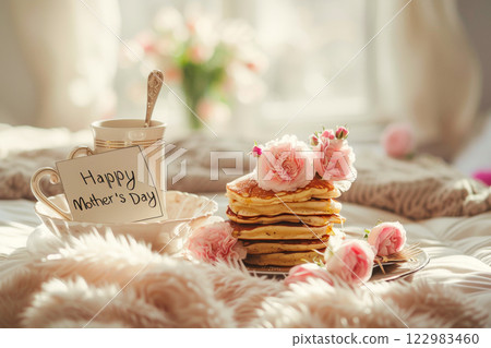 Mothers Day breakfast in bed with pancakes and flowers Mothers Day breakfast in bed with pancakes and flowers 122983460