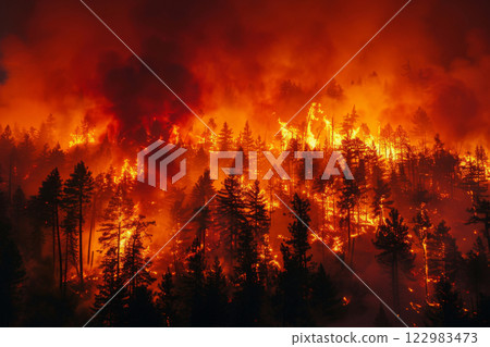 Wildfire with burning trees in forest at night 122983473