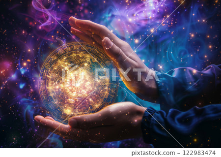 Zodiac wheel glowing in hands 122983474