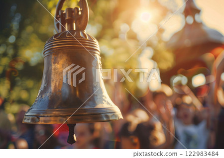 School bell ringing with students in background at sunset School bell ringing with students in background at sunset 122983484