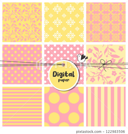 Seamless scrapbook pattern set, flowers, dots, stripes. Yellow and pink 122983506