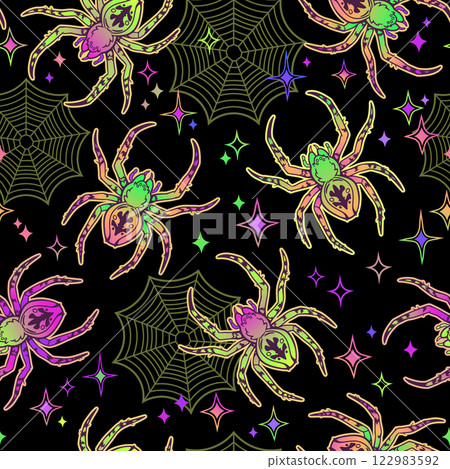 Seamless illustration of colorful spiders and cobwebs 122983592