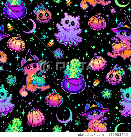 Seamless vector illustration. Cute cats and ghosts, Halloween theme 122983733