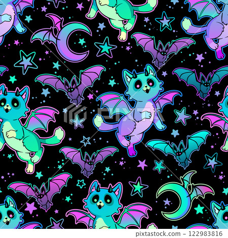 Seamless vector illustration. Cute winged fantasy cats and bats on a black background 122983816