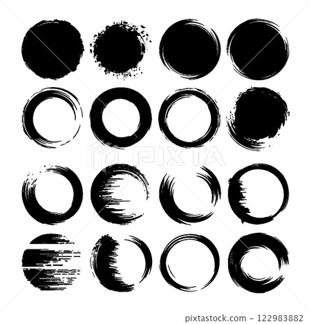 Set of hand-painted ink circles with rough edges. Ideal for digital design, logos, and artistic compositions. 122983882