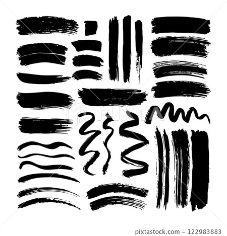 Collection of hand-drawn ink brush textures with various lines, waves, and artistic strokes. Great for design and creative projects. 122983883