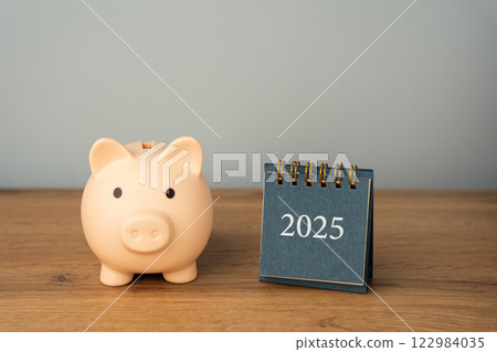 Piggy bank pig and calendar 2025. Budget planning concept. Financial goals and plans. Business and finance concept. Forecasting and analysis. Investments. Vision 122984035
