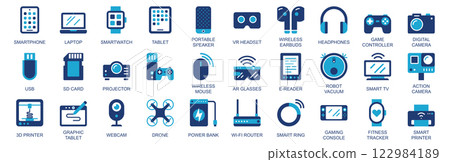 Tech gadgets icon set in flat duotone solid icons web design. Pack pictograms with smartphone, laptop, smartwatch, tablet, portable speaker, vr headset, wireless earbuds, other. Illustration. 122984189