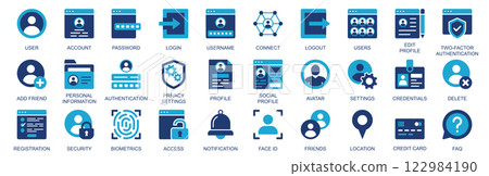 User account icon set in flat duotone solid icons web design. Pack pictograms with password, login, username, connect, edit, profile, two factor authentication, add friend, other. Illustration. 122984190