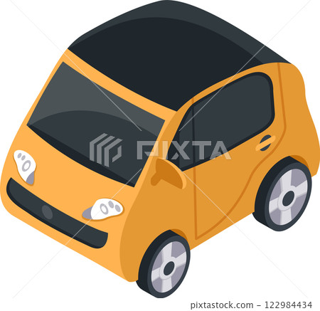 Modern compact orange car with black roof in isometric view driving forward, representing urban mobility and eco friendly transportation solutions 122984434