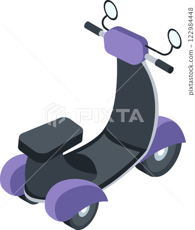 Modern three wheeled electric scooter standing still, isometric view isolated on white background representing sustainable urban mobility and innovative personal transportation solutions 122984448