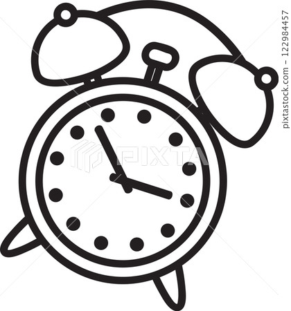 Simple black and white line drawing of a traditional alarm clock with bells ringing, indicating the current time and serving as a reminder or wake up call Simple black and white line drawing of a traditional alarm clock with bells ringing, indicating the current time and serving as a reminder or wake up call 122984457