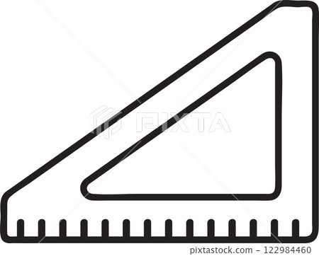 Simple black and white line drawing of a triangular ruler with a scale, useful for measuring lengths and angles in geometry, technical drawing, and architecture Simple black and white line drawing of a triangular ruler with a scale, useful for measuring lengths and angles in geometry, technical drawing, and architecture 122984460