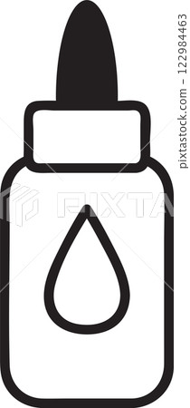 Simple black and white vector illustration of a bottle of liquid glue featuring a pointed nozzle cap for precise application, ideal for crafting, DIY projects, and school activities 122984463