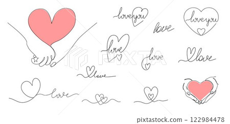 Continuous line drawing of heart, love lettering, Hands holding a heart on a white background. Valentine's day, wedding day concept. Hand drawn logos and emblems for invitations, greeting cards 122984478
