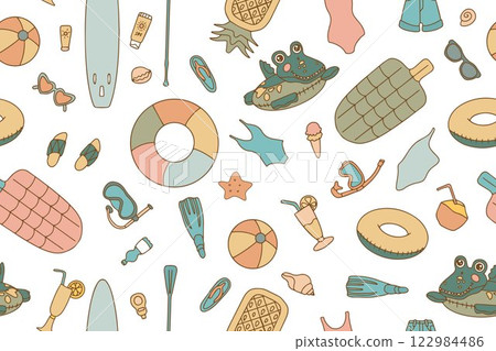 Colorful seamless pattern of summer items in doodle style. Hand drawn beach accessories. Tropical vacation. Fashionable background for your design. Vector. 122984486