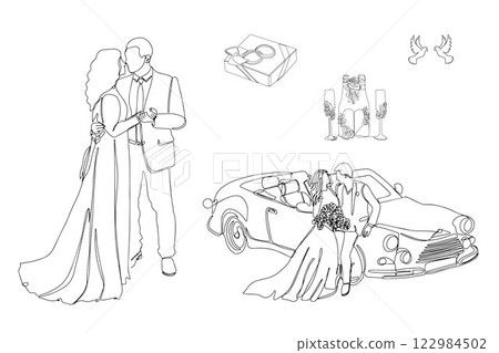 Wedding invitation and card set. Bride and groom in formal wear on wedding day, marriage ceremony. Newlyweds, couple in love Wedding invitation and card set. Bride and groom in formal wear on wedding day, marriage ceremony. Newlyweds, couple in love 122984502