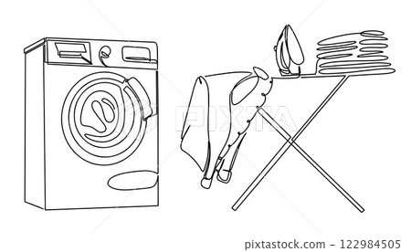 Hand drawn laundry room interior elements. Washing and ironing symbols, washing machine, iron, ironing board, hanger, folded clothes. Single line drawing Hand drawn laundry room interior elements. Washing and ironing symbols, washing machine, iron, ironing board, hanger, folded clothes. Single line drawing 122984505