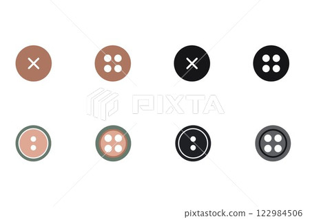 Flat colored and black and white round buttons with different holes. Clothes button icons Flat colored and black and white round buttons with different holes. Clothes button icons 122984506