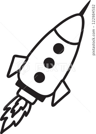 Hand drawn spaceship soaring through space, leaving a fiery trail behind. Simple black and white illustration designed for kids, featuring an isolated vector graphic of a rocket Hand drawn spaceship soaring through space, leaving a fiery trail behind. Simple black and white illustration designed for kids, featuring an isolated vector graphic of a rocket 122984582