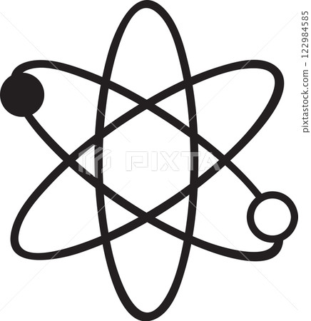 Atom revolving around nucleus with electrons orbiting in simple black and white science symbol representing physics, chemistry, and scientific research 122984585