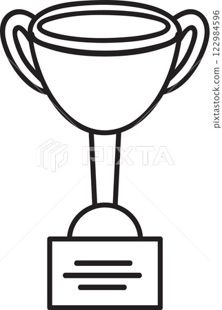 Simple line art illustration of a trophy cup with handles, standing on a base with a blank label for customizable text, representing victory, achievement, and recognition 122984596