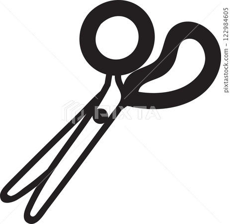 Open black scissors featuring offset handles and a screw connecting the blades, poised for cutting on a clean white background, ideal for various crafting tasks and activities 122984605