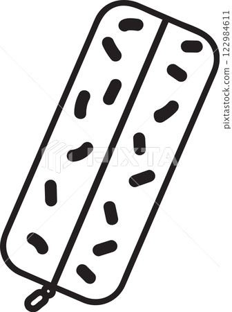 Black and white vector illustration featuring a rectangular pencil case with a zipper and sprinkles pattern, isolated on a white background, embodying school supplies and creativity Black and white vector illustration featuring a rectangular pencil case with a zipper and sprinkles pattern, isolated on a white background, embodying school supplies and creativity 122984611