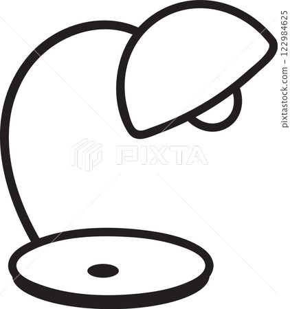 Minimalist line art depicting a stylish desk lamp with a curved arm and circular base, emitting a focused beam of light, perfect for enhancing productivity in a workspace 122984625