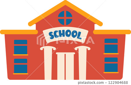 Red school building with columns welcoming students for learning, featuring a pitched roof, multiple windows, and a prominent SCHOOL sign, symbolizing education, knowledge, and academic pursuits Red school building with columns welcoming students for learning, featuring a pitched roof, multiple windows, and a prominent SCHOOL sign, symbolizing education, knowledge, and academic pursuits 122984688