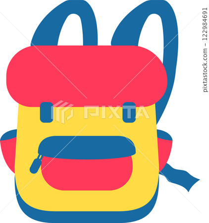 Stylish and vibrant backpack featuring bright blue straps, a striking red top flap, and a cheerful yellow body, offering the perfect solution for carrying essentials on any adventure 122984691