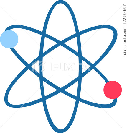Stylized atom representation showing electrons orbiting nucleus, providing visual depiction of atomic structure and quantum mechanics concepts 122984697