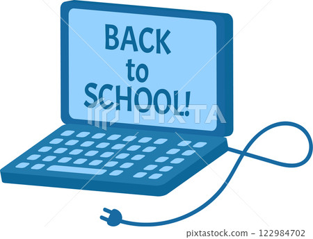 Blue laptop featuring a back to school message symbolizes a learning opportunity, with its power cord creatively forming an infinity symbol, representing endless possibilities in education Blue laptop featuring a back to school message symbolizes a learning opportunity, with its power cord creatively forming an infinity symbol, representing endless possibilities in education 122984702