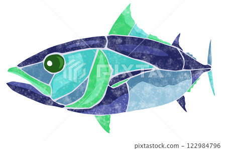 一幅可愛的馬賽克風格剪紙插圖,描繪的是鹹水魚鰹魚 一幅可愛的馬賽克風格剪紙插圖,描繪的是鹹水魚鰹魚 122984796