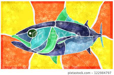 帶有背景的鹹水魚鰹魚彩色瓷磚插圖 帶有背景的鹹水魚鰹魚彩色瓷磚插圖 122984797