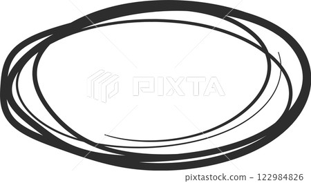 Irregular oval shape created with multiple overlapping hand drawn black lines on a white background, suitable for highlighting important information or creating a focal point 122984826