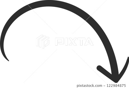Curved arrow pointing downward, featuring a clean and modern design. Isolated on a white background, this vector illustration serves as a simple graphic element for various applications 122984875
