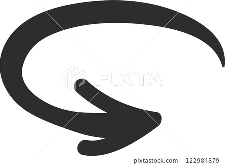 Hand drawn circular arrow pointing downwards, effectively symbolizing concepts such as downloading, clockwise motion, and cyclical processes in a visually engaging manner 122984879