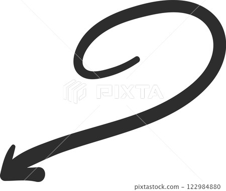 Simple, thick, hand drawn arrow pointing down and making a loop, isolated on a white background, ideal for educational or business presentations 122984880