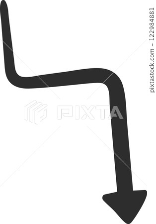 Hand drawn down arrow featuring a squiggly line, pointing downwards in a simple and minimalistic vector illustration set against a clean white background 122984881